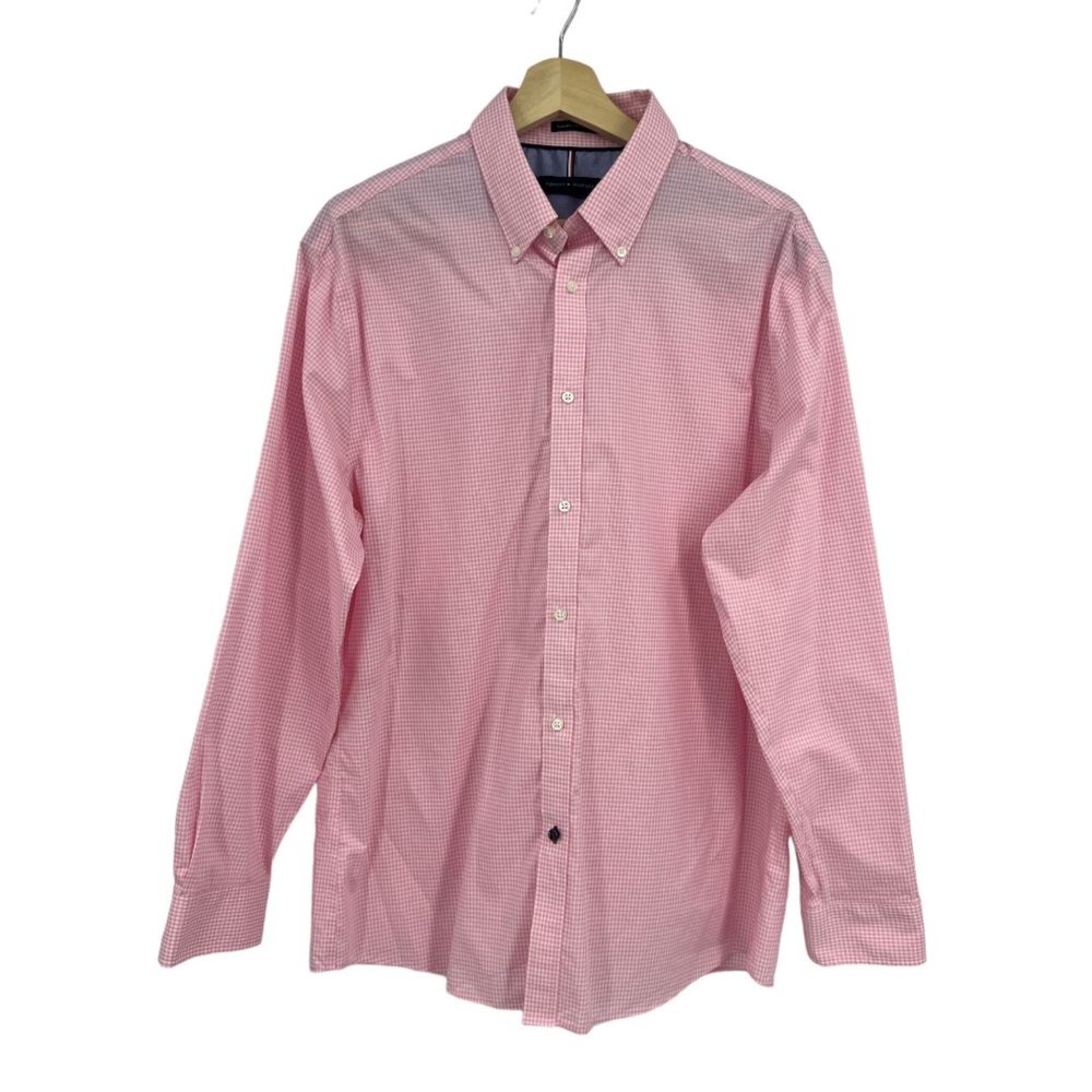 Tommy Hilfiger shirt L 16 1/2 checkered pink white slim long sleeve button up